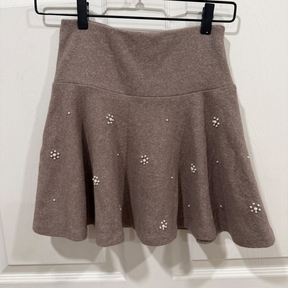 Zara Girls Taupe Knit Pearl Embellished Flare Skirt 1165/785 Size 12-13 NWT